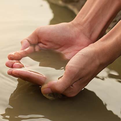 hands scooping water from soil